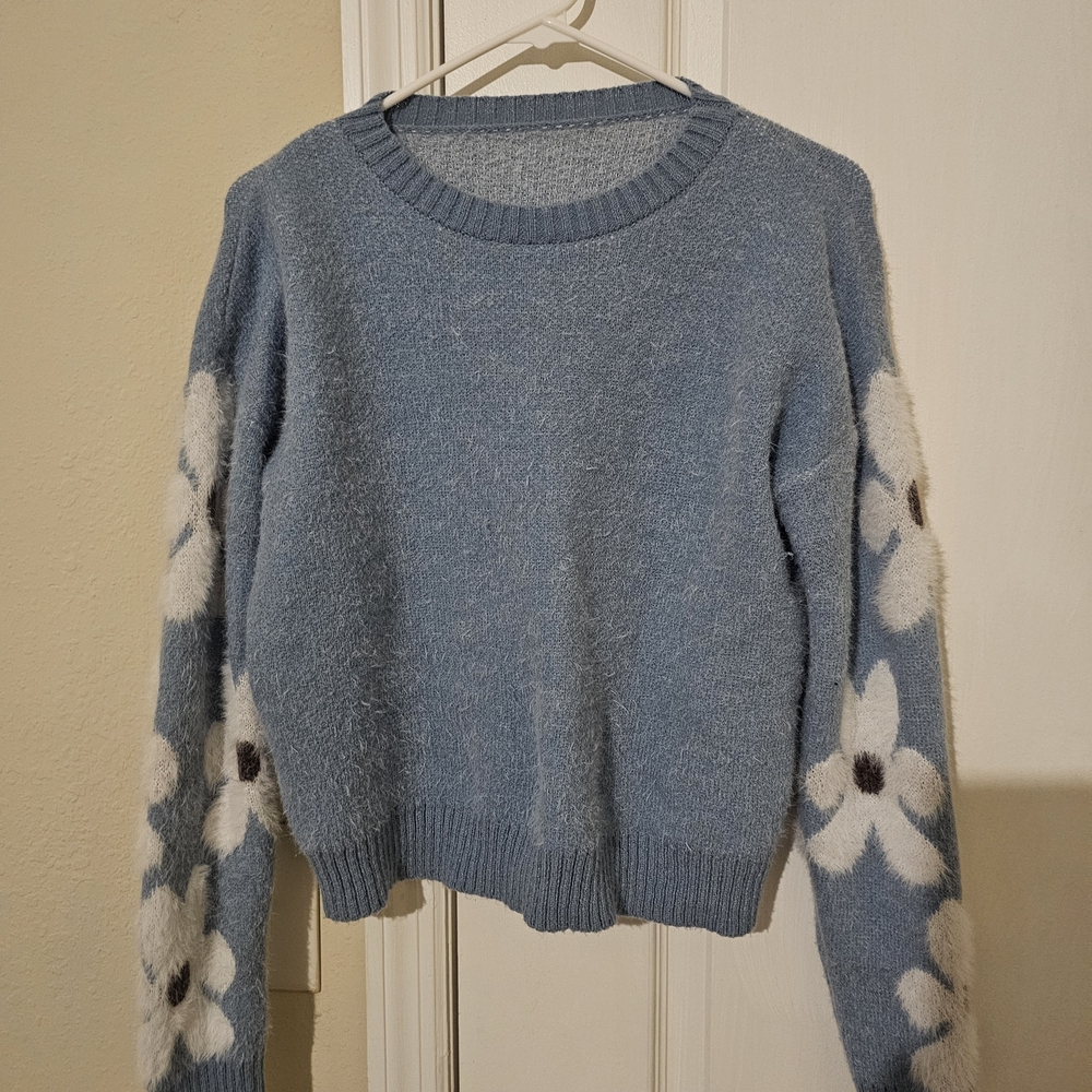 Light Blue Crewneck Sweater with Floral Sleeves